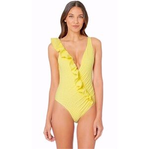 JONATHAN SIMKHAI Yellow & White Seersucker Gingham Ruffle One Piece Swimsuit